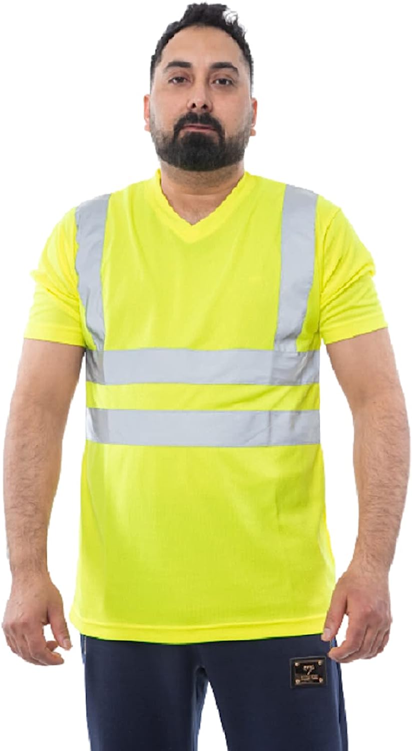 Romaans Hi Viz Vis Round V Neck T-Shirts High Visibility Reflective Tape Safety Security Work Bird Eye Short Sleeve T Shirt Breathable Lightweight Double Tape Workwear Top S-3XL