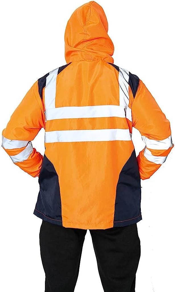 Romaans Hi Vis Rain Jacket Mens High Visibility Waterproof Reflective Tape Band Safety Zipper Hooded Top Lightweight Sizes S to 5XL