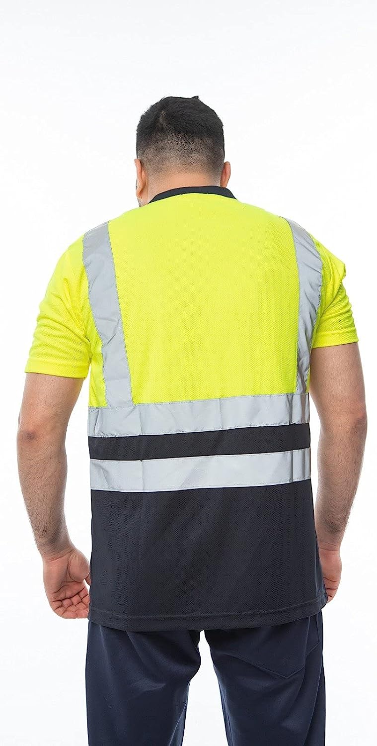 Romaans Hi Viz Vis Round V Neck T-Shirts High Visibility Reflective Tape Safety Security Work Bird Eye Short Sleeve T Shirt Breathable Lightweight Double Tape Workwear Top S-3XL