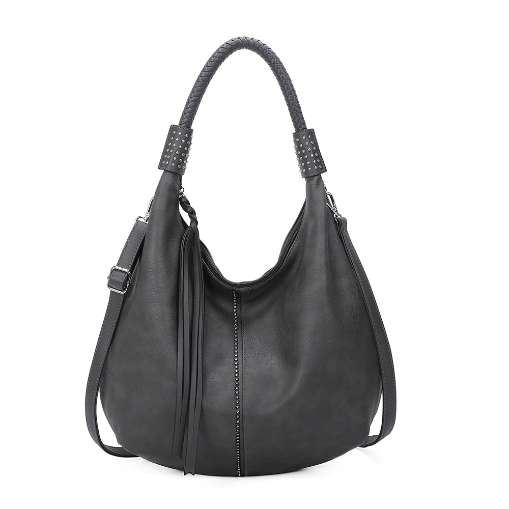 New Women's Studded Style Faux Leather Bag Ladies Casual Slouch Hobo Shoulder Tote Handbag with Crossbody Strap