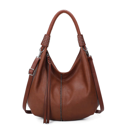 New Women's Studded Style Faux Leather Bag Ladies Casual Slouch Hobo Shoulder Tote Handbag with Crossbody Strap