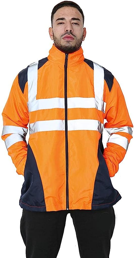 Romaans Hi Vis Rain Jacket Mens High Visibility Waterproof Reflective Tape Band Safety Zipper Hooded Top Lightweight Sizes S to 5XL
