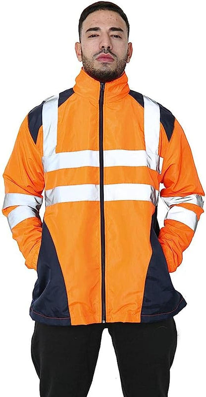Romaans Hi Vis Rain Jacket Mens High Visibility Waterproof Reflective Tape Band Safety Zipper Hooded Top Lightweight Sizes S to 5XL