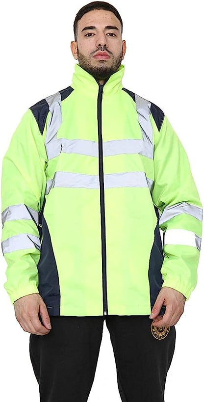 Romaans Hi Vis Rain Jacket Mens High Visibility Waterproof Reflective Tape Band Safety Zipper Hooded Top Lightweight Sizes S to 5XL