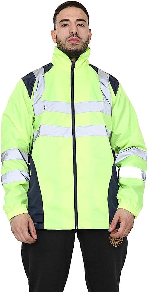 Romaans Hi Vis Rain Jacket Mens High Visibility Waterproof Reflective Tape Band Safety Zipper Hooded Top Lightweight Sizes S to 5XL