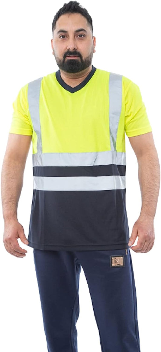 Romaans Hi Viz Vis Round V Neck T-Shirts High Visibility Reflective Tape Safety Security Work Bird Eye Short Sleeve T Shirt Breathable Lightweight Double Tape Workwear Top S-3XL