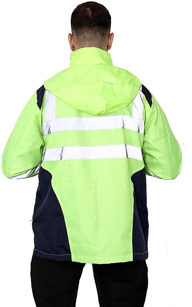 Romaans Hi Vis Rain Jacket Mens High Visibility Waterproof Reflective Tape Band Safety Zipper Hooded Top Lightweight Sizes S to 5XL