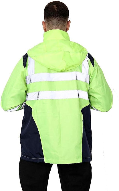 Romaans Hi Vis Rain Jacket Mens High Visibility Waterproof Reflective Tape Band Safety Zipper Hooded Top Lightweight Sizes S to 5XL
