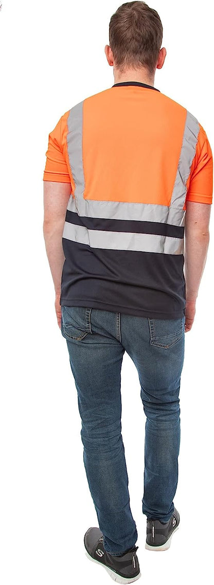 Romaans Hi Viz Vis Round V Neck T-Shirts High Visibility Reflective Tape Safety Security Work Bird Eye Short Sleeve T Shirt Breathable Lightweight Double Tape Workwear Top S-3XL