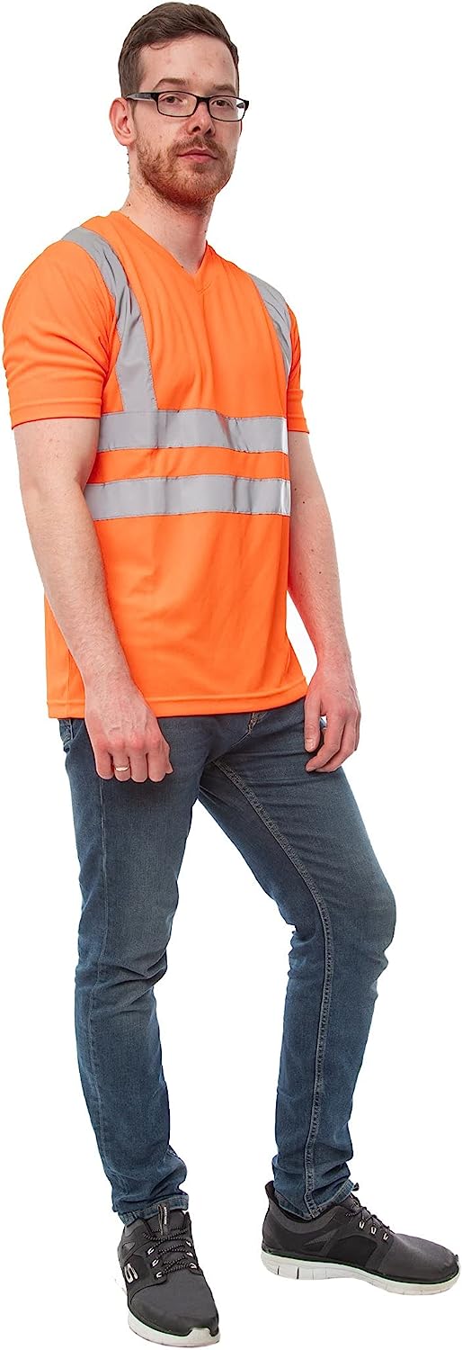Romaans Hi Viz Vis Round V Neck T-Shirts High Visibility Reflective Tape Safety Security Work Bird Eye Short Sleeve T Shirt Breathable Lightweight Double Tape Workwear Top S-3XL