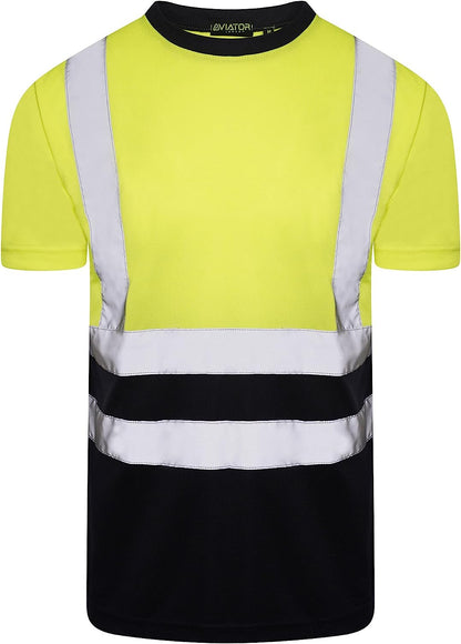 Romaans Hi Vis Yellow T Shirt High Viz Visibility 2 Band Brace Work Round Neck T-Shirt Reflective Tape Security Workwear Road Works Retroreflective Visibility Shirts S-3XL