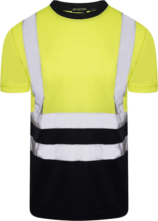 Romaans Hi Vis Yellow T Shirt High Viz Visibility 2 Band Brace Work Round Neck T-Shirt Reflective Tape Security Workwear Road Works Retroreflective Visibility Shirts S-3XL
