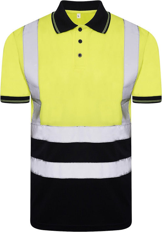 Romaans Hi Viz Vis High Visibility Polo Shirt Reflective Tape Safety Security Work Button T-Shirt Breathable Lightweight Double Tape