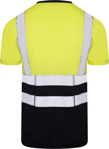 Romaans Hi Vis Yellow T Shirt High Viz Visibility 2 Band Brace Work Round Neck T-Shirt Reflective Tape Security Workwear Road Works Retroreflective Visibility Shirts S-3XL