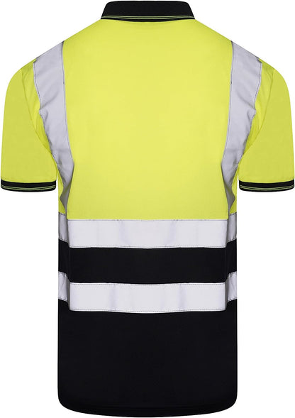 Romaans Hi Viz Vis High Visibility Polo Shirt Reflective Tape Safety Security Work Button T-Shirt Breathable Lightweight Double Tape