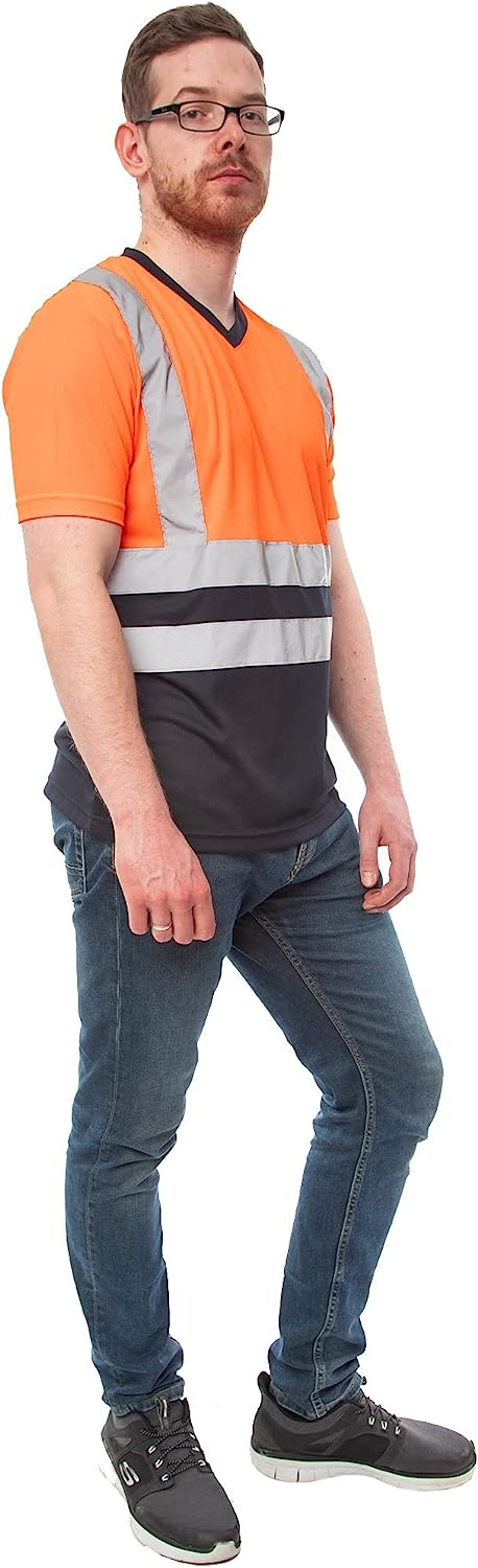 Romaans Hi Viz Vis Round V Neck T-Shirts High Visibility Reflective Tape Safety Security Work Bird Eye Short Sleeve T Shirt Breathable Lightweight Double Tape Workwear Top S-3XL