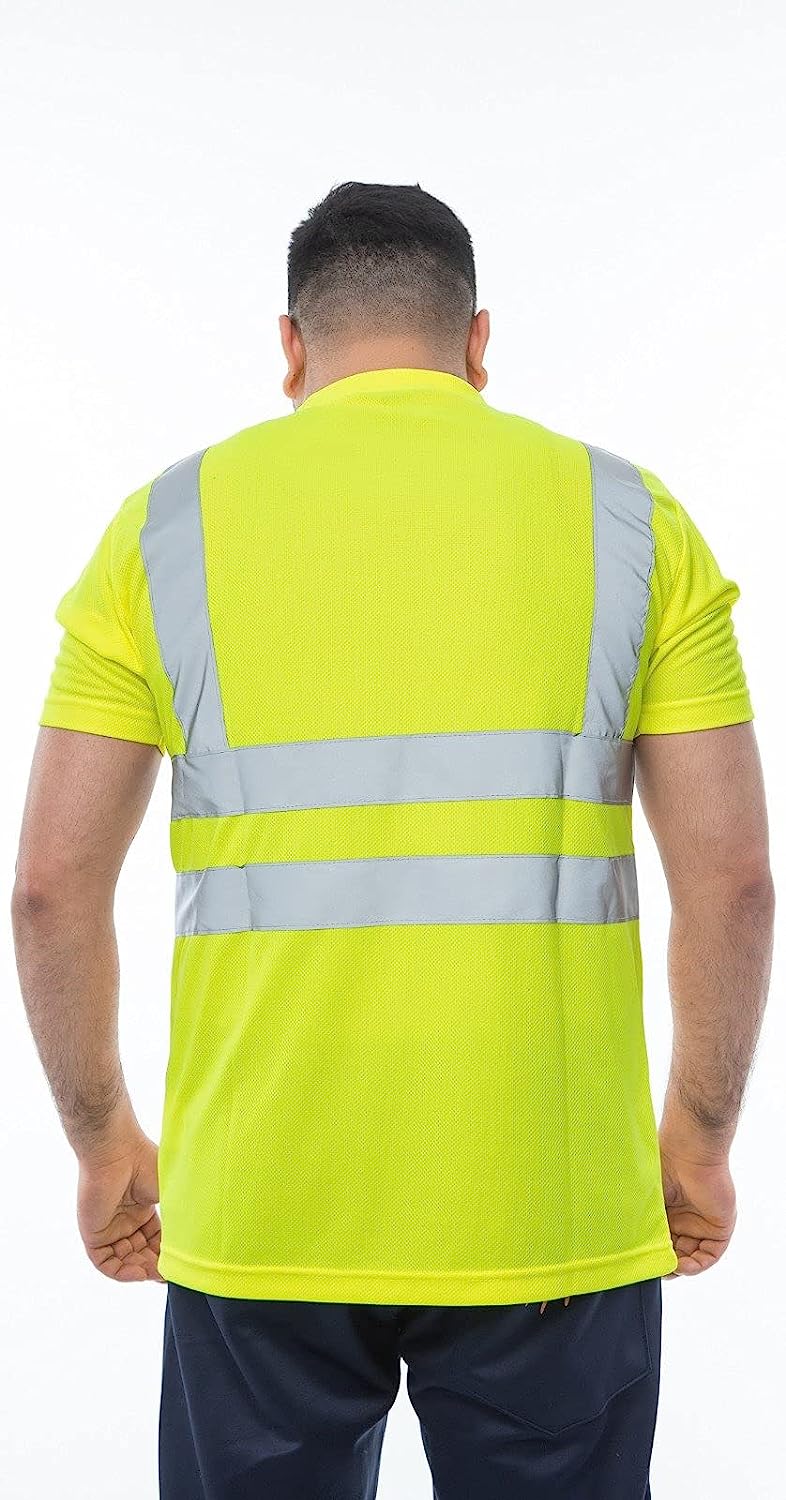 Romaans Hi Viz Vis Round V Neck T-Shirts High Visibility Reflective Tape Safety Security Work Bird Eye Short Sleeve T Shirt Breathable Lightweight Double Tape Workwear Top S-3XL
