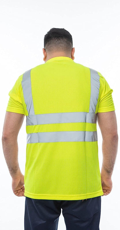 Romaans Hi Viz Vis Round V Neck T-Shirts High Visibility Reflective Tape Safety Security Work Bird Eye Short Sleeve T Shirt Breathable Lightweight Double Tape Workwear Top S-3XL