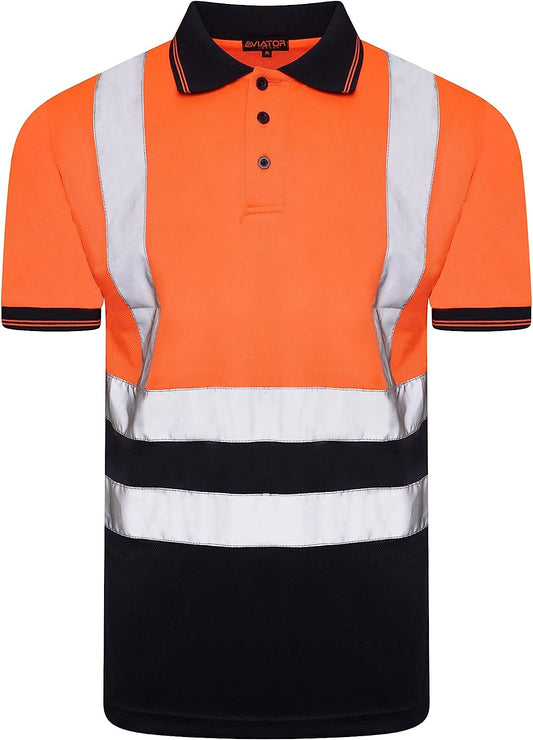 Romaans Hi Viz Vis High Visibility Polo Shirt Reflective Tape Safety Security Work Button T-Shirt Breathable Lightweight Double Tape