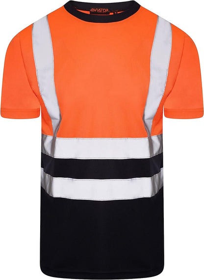 Romaans Hi Vis Yellow T Shirt High Viz Visibility 2 Band Brace Work Round Neck T-Shirt Reflective Tape Security Workwear Road Works Retroreflective Visibility Shirts S-3XL