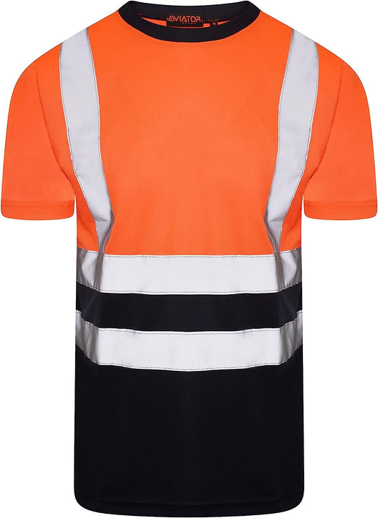 Romaans Hi Vis Yellow T Shirt High Viz Visibility 2 Band Brace Work Round Neck T-Shirt Reflective Tape Security Workwear Road Works Retroreflective Visibility Shirts S-3XL