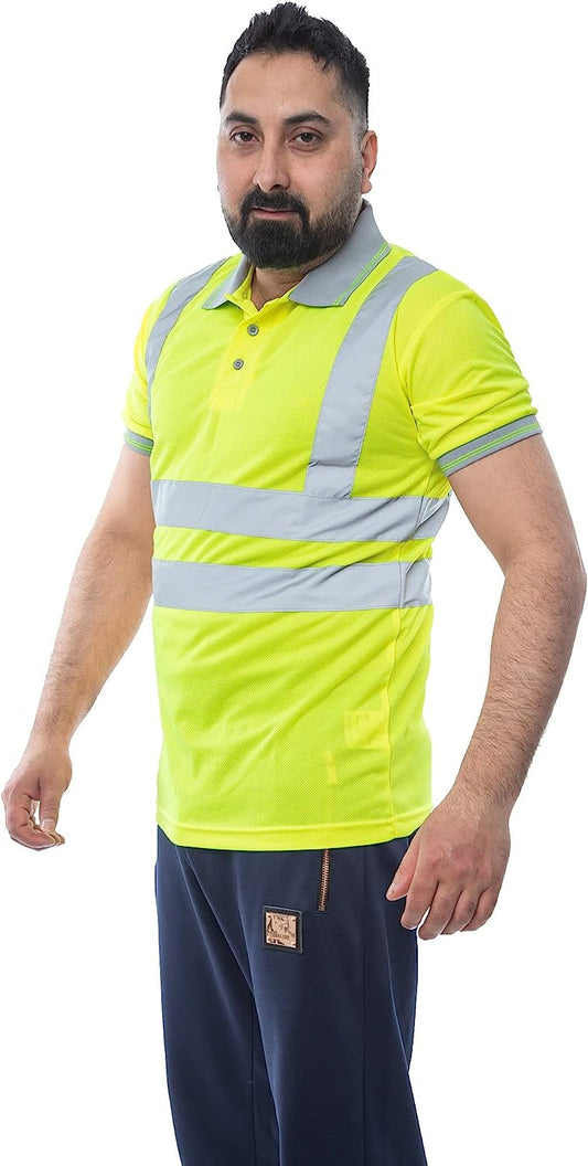 Romaans Hi Viz Vis High Visibility Polo Shirt Reflective Tape Safety Security Work Button T-Shirt Breathable Lightweight Double Tape