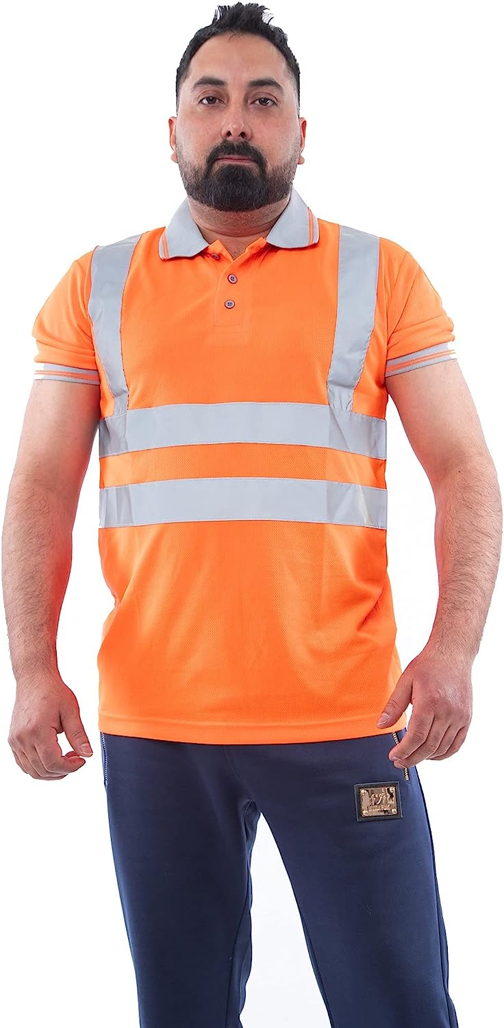 Romaans Hi Viz Vis High Visibility Polo Shirt Reflective Tape Safety Security Work Button T-Shirt Breathable Lightweight Double Tape