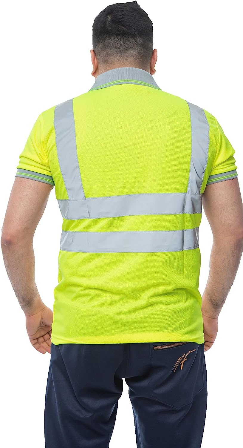 Romaans Hi Viz Vis High Visibility Polo Shirt Reflective Tape Safety Security Work Button T-Shirt Breathable Lightweight Double Tape