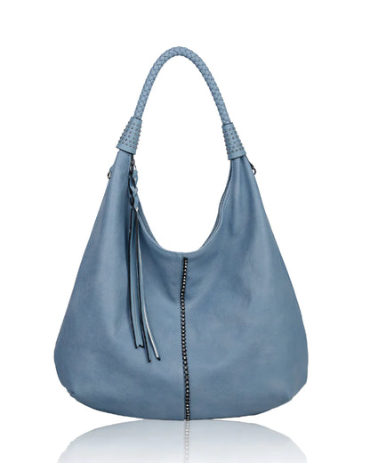 New Women's Studded Style Faux Leather Bag Ladies Casual Slouch Hobo Shoulder Tote Handbag with Crossbody Strap