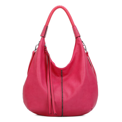 New Women's Studded Style Faux Leather Bag Ladies Casual Slouch Hobo Shoulder Tote Handbag with Crossbody Strap