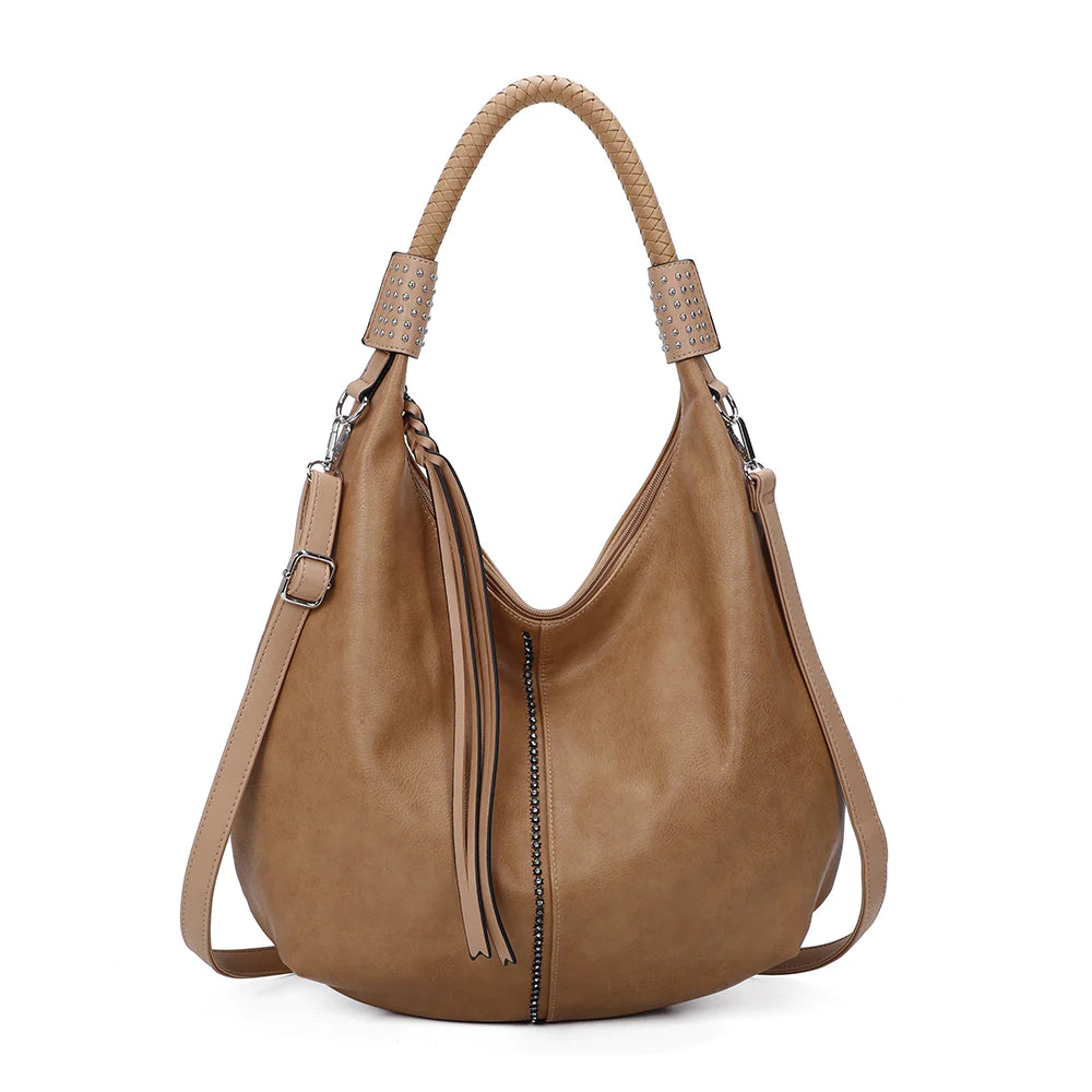 New Women's Studded Style Faux Leather Bag Ladies Casual Slouch Hobo Shoulder Tote Handbag with Crossbody Strap