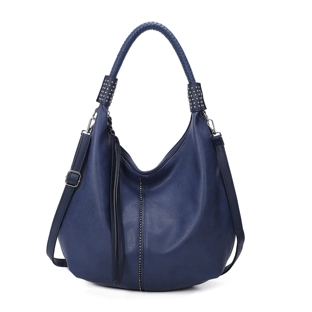 New Women's Studded Style Faux Leather Bag Ladies Casual Slouch Hobo Shoulder Tote Handbag with Crossbody Strap